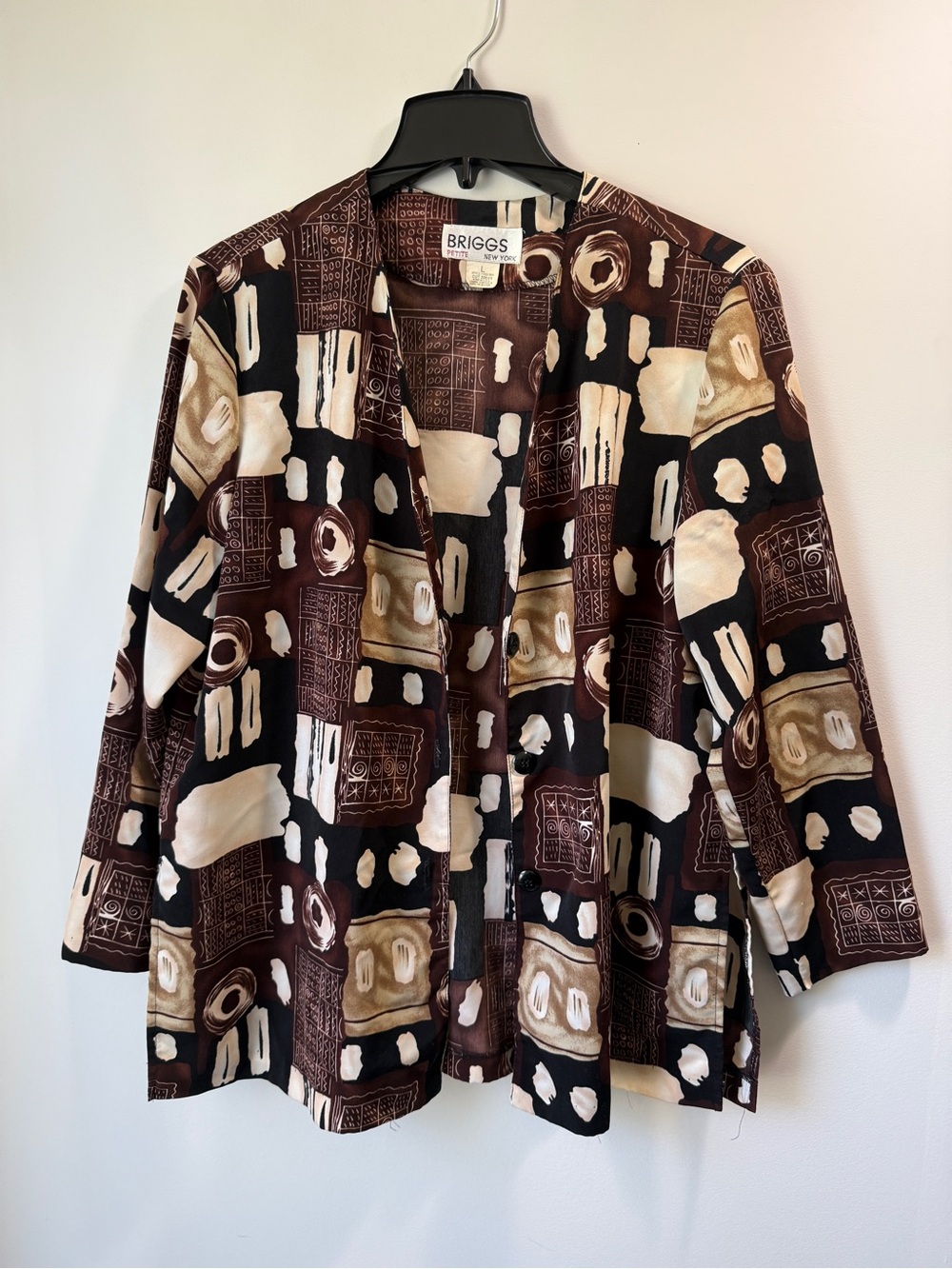 Briggs New York Open-Front Geometric Print Blazer Top Brown Black Women size L
